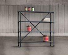 Bookcase with wheels, metallic structure with 4 shelves made of old wood | Decord.gr