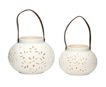 Tealight holder with leather strap, Round, Ceramics, White | Decord.gr